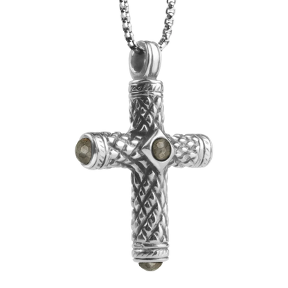 Collar de 36cm, con piedras de 6mm, con dije de cruz y mini donas en terminado de acero anticado - Joyería y bisutería fina