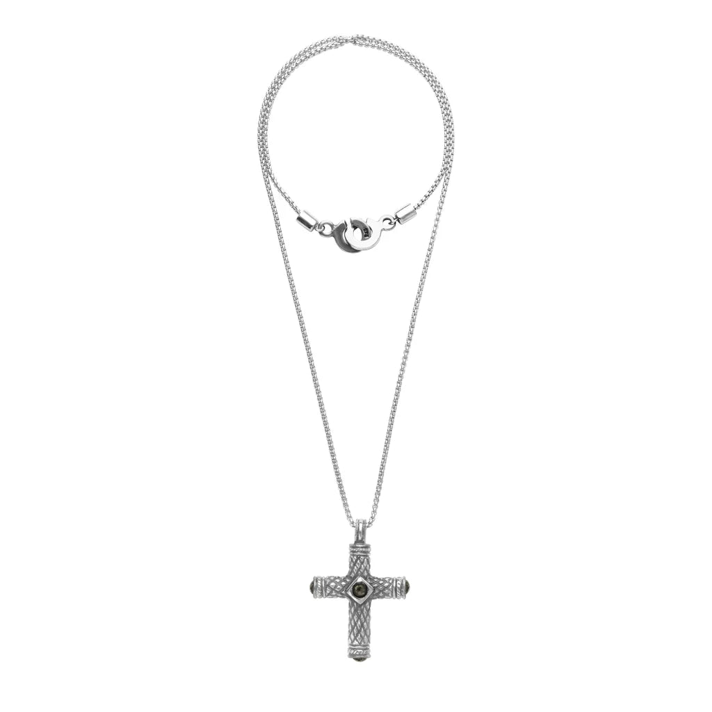 Collar de 36cm, con piedras de 6mm, con dije de cruz y mini donas en terminado de acero anticado - Joyería y bisutería fina
