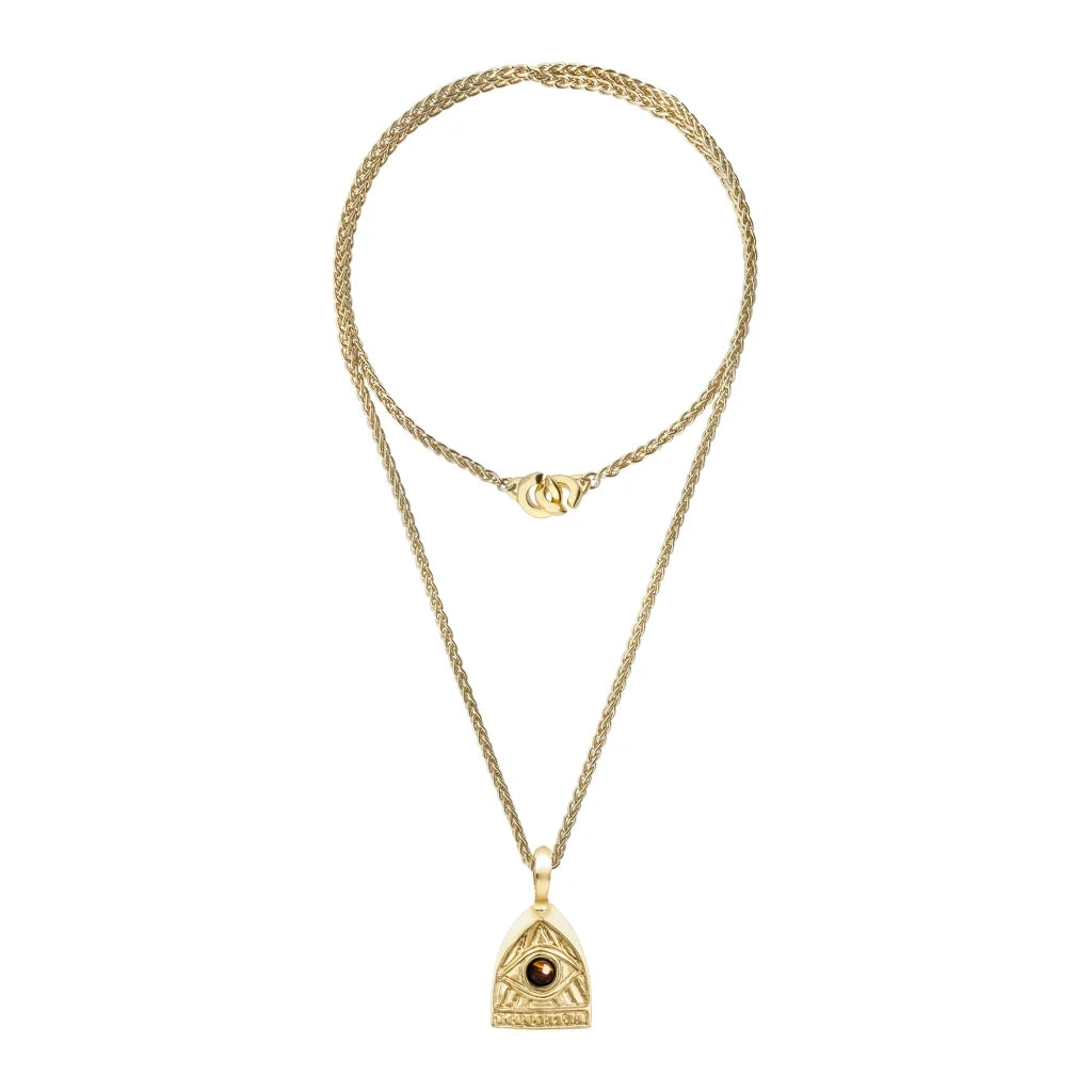 Collar de 36cm, con piedras de 6mm, con cadena y dije de ojo en terminado de acero anticado en baño de oro de 22K - Joyería y bisutería fina