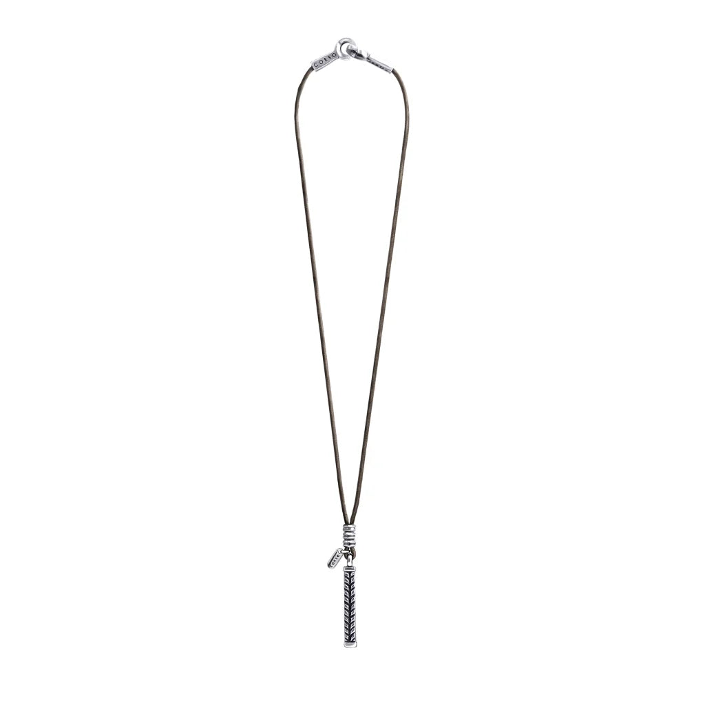 Collar de 44cm de piel natural de borrego, con dije de columna de laurel en acero - Joyería y bisutería fina