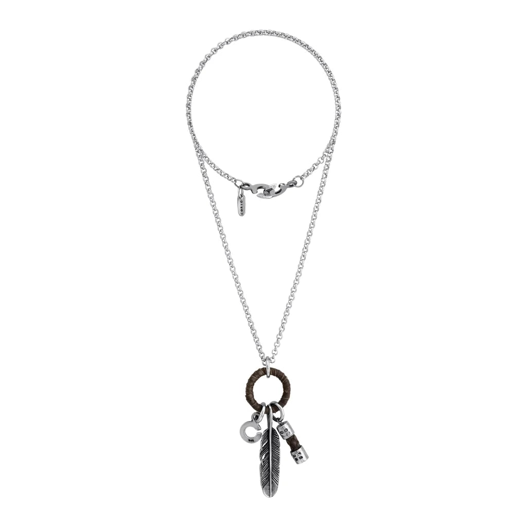 Collar para hombre con cadena de acero anticado, aro con piel tejida y dije de pluma. Corso Joyería - Joyería y bisutería fina