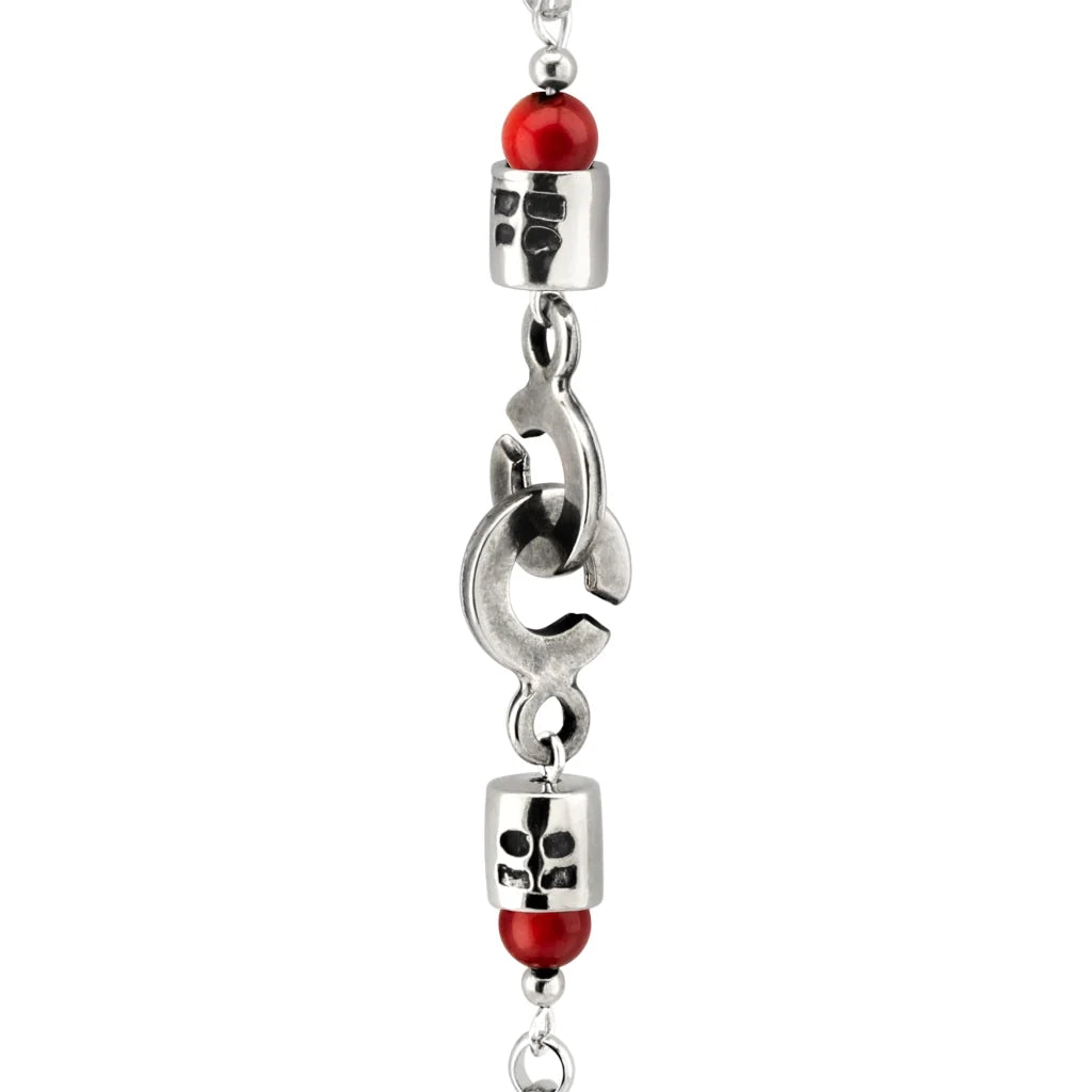 Collar de 39cm con piedras Ónix negro o coral rojo de 6mm, con cadena y dije de pluma y cruz en acero anticado - Joyería y bisutería fina