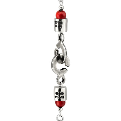 Collar de 39cm con piedras Ónix negro o coral rojo de 6mm, con cadena y dije de pluma y cruz en acero anticado - Joyería y bisutería fina