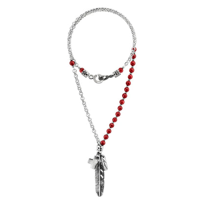 Collar de 39cm con piedras Ónix negro o coral rojo de 6mm, con cadena y dije de pluma y cruz en acero anticado - Joyería y bisutería fina