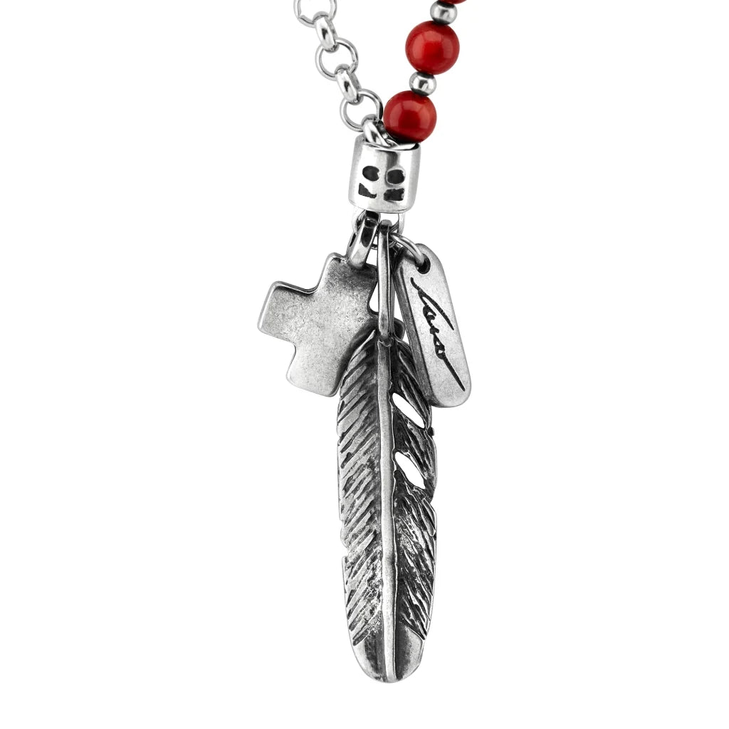 Collar de 39cm con piedras Ónix negro o coral rojo de 6mm, con cadena y dije de pluma y cruz en acero anticado - Joyería y bisutería fina