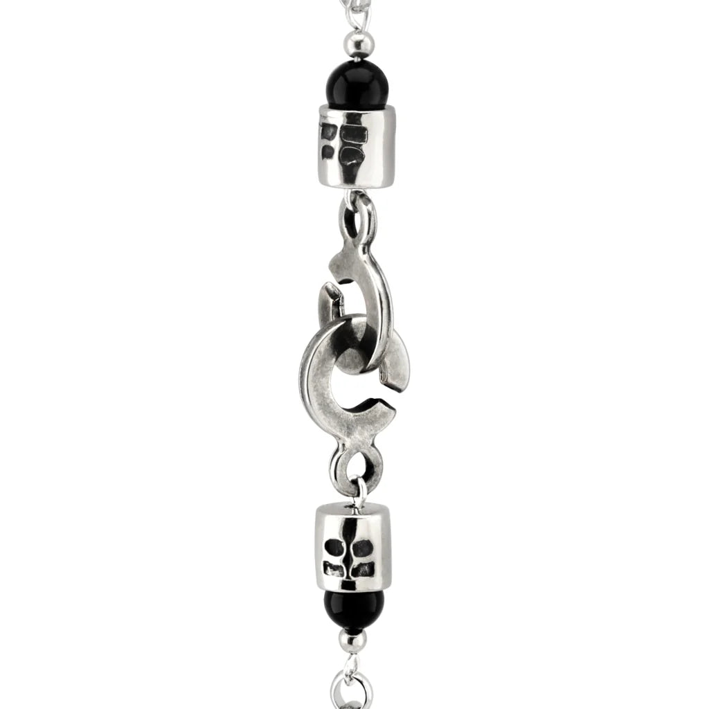 Collar de 39cm con piedras Ónix negro o coral rojo de 6mm, con cadena y dije de pluma y cruz en acero anticado - Joyería y bisutería fina