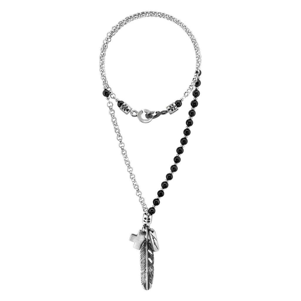 Collar de 39cm con piedras Ónix negro o coral rojo de 6mm, con cadena y dije de pluma y cruz en acero anticado - Joyería y bisutería fina