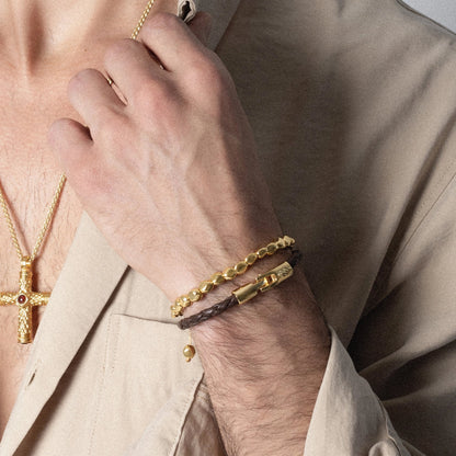 Pulsera en baño de Oro 22K, Piel natural de Borrego, Trenzado - Joyería y bisutería fina