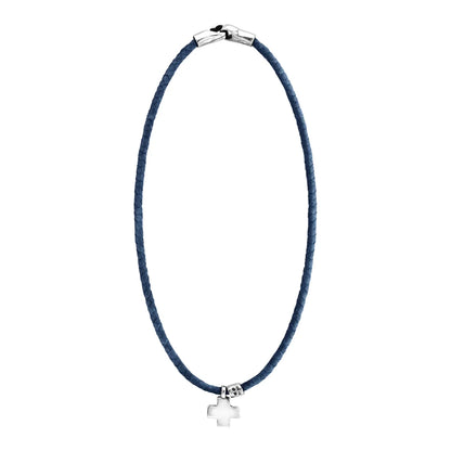 Collar de 26cm de piel natural de borrego en trenza redonda de 4 hilos, con dije de cruz en terminado de acero pulido - Joyería y bisutería fina