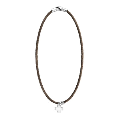 Collar de 26cm de piel natural de borrego en trenza redonda de 4 hilos, con dije de cruz en terminado de acero pulido - Joyería y bisutería fina