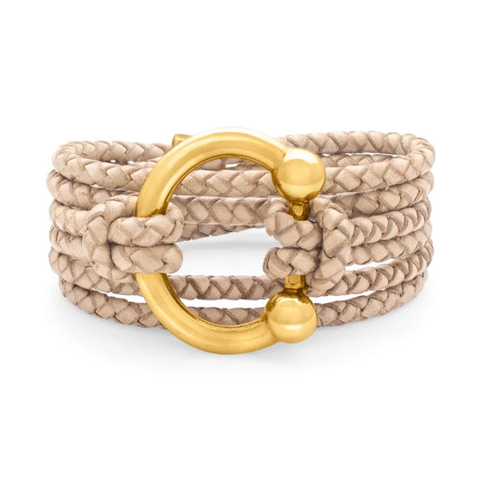 Pulsera de piel natural de borrego en trenza de 4 hilos con diseño envolvente multi-vuelta, con cierre de herradura en baño de oro de 22K - Joyería y bisutería fina