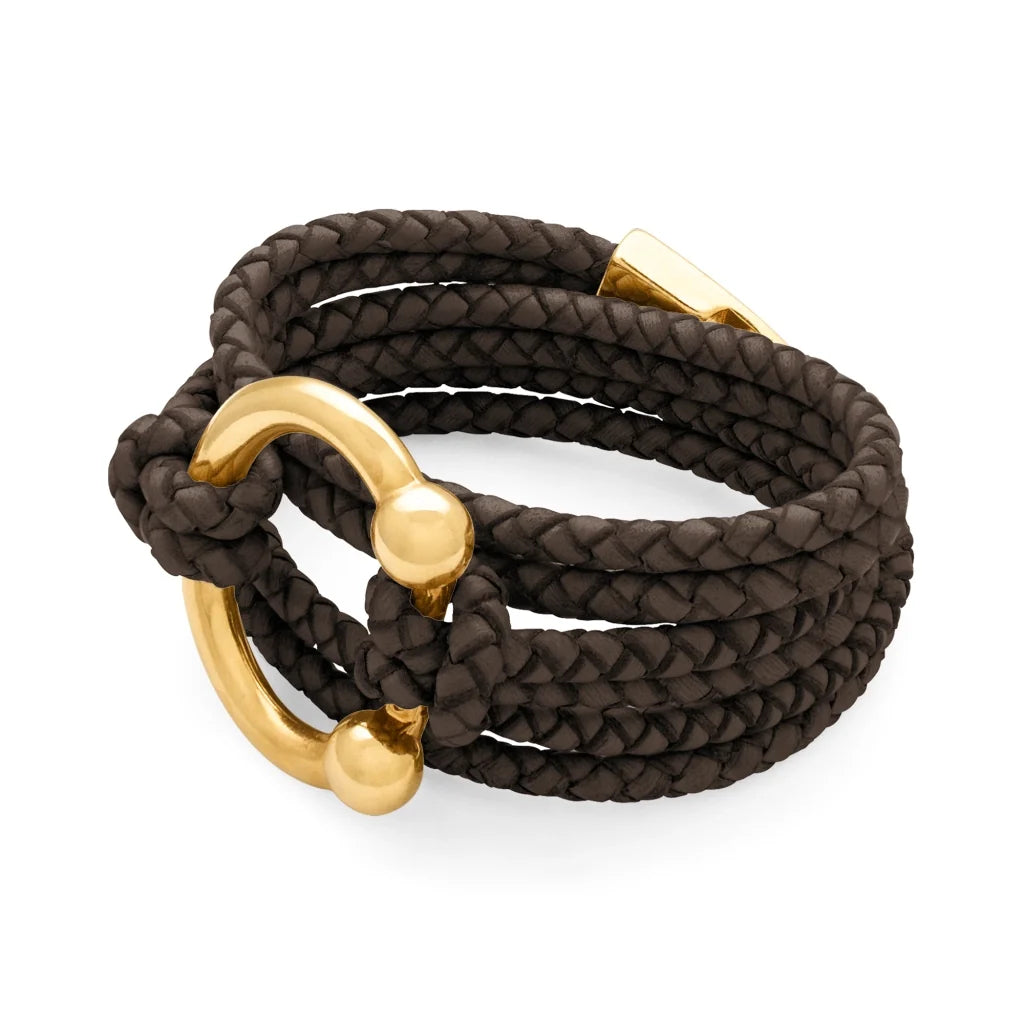 Pulsera de piel natural de borrego en trenza de 4 hilos con diseño envolvente multi-vuelta, con cierre de herradura en baño de oro de 22K - Joyería y bisutería fina