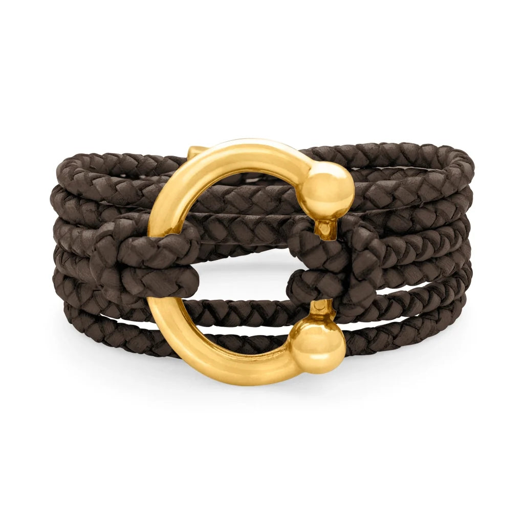 Pulsera de piel natural de borrego en trenza de 4 hilos con diseño envolvente multi-vuelta, con cierre de herradura en baño de oro de 22K - Joyería y bisutería fina