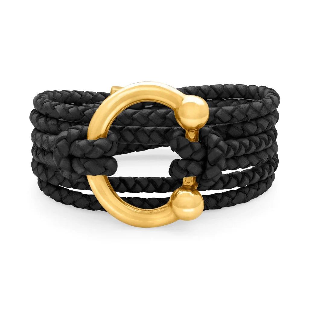Pulsera de piel natural de borrego en trenza de 4 hilos con diseño envolvente multi-vuelta, con cierre de herradura en baño de oro de 22K - Joyería y bisutería fina