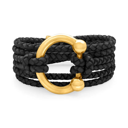 Pulsera de piel natural de borrego en trenza de 4 hilos con diseño envolvente multi-vuelta, con cierre de herradura en baño de oro de 22K - Joyería y bisutería fina