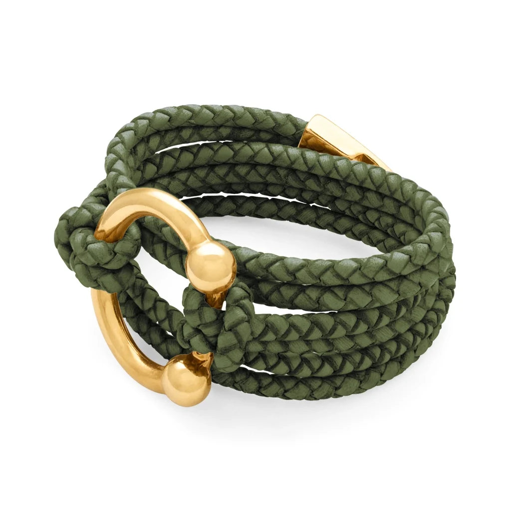 Pulsera de piel natural de borrego en trenza de 4 hilos con diseño envolvente multi-vuelta, con cierre de herradura en baño de oro de 22K - Joyería y bisutería fina