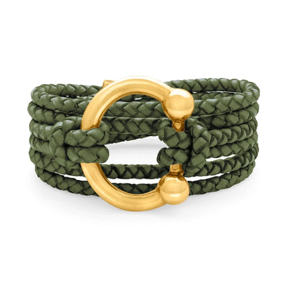 Pulsera de piel natural de borrego en trenza de 4 hilos con diseño envolvente multi-vuelta, con cierre de herradura en baño de oro de 22K - Joyería y bisutería fina