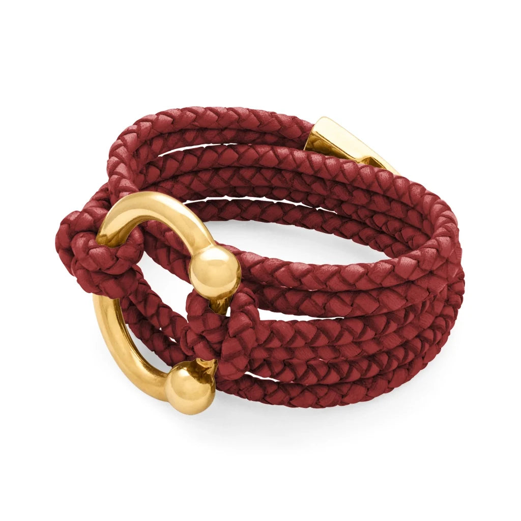 Pulsera de piel natural de borrego en trenza de 4 hilos con diseño envolvente multi-vuelta, con cierre de herradura en baño de oro de 22K - Joyería y bisutería fina