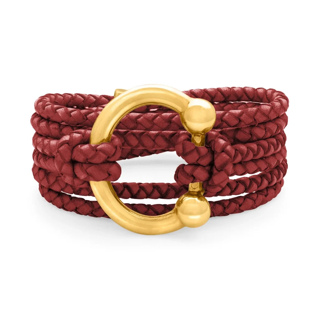 Pulsera de piel natural de borrego en trenza de 4 hilos con diseño envolvente multi-vuelta, con cierre de herradura en baño de oro de 22K - Joyería y bisutería fina