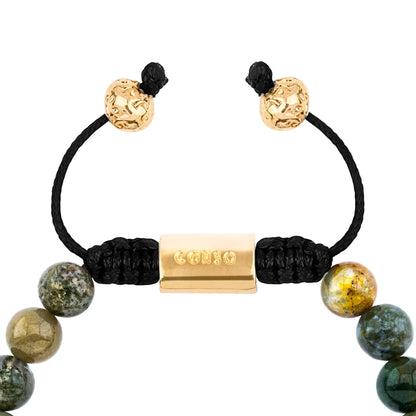 Pulsera con piedras naturales de 8mm, con cuenta central con mantras en baño de oro 22K - Joyería y bisutería fina