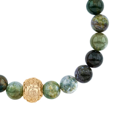 Pulsera con piedras naturales de 8mm, con cuenta central con mantras en baño de oro 22K - Joyería y bisutería fina