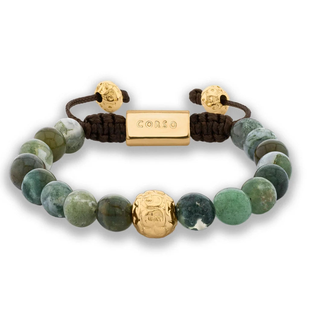 Pulsera con piedras naturales de 8mm, con cuenta central con mantras en baño de oro 22K - Joyería y bisutería fina