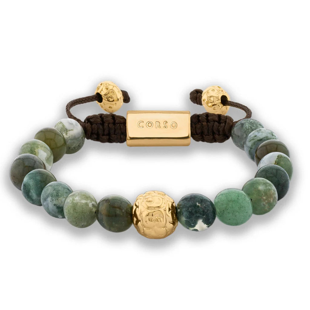 Pulsera con piedras naturales de 8mm, con cuenta central con mantras en baño de oro 22K - Joyería y bisutería fina