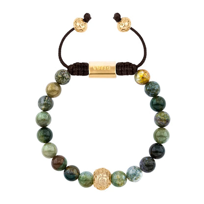 Pulsera con piedras naturales de 8mm, con cuenta central con mantras en baño de oro 22K - Joyería y bisutería fina