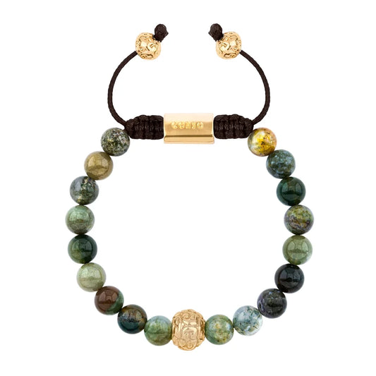 Pulsera con piedras naturales de 8mm, con cuenta central con mantras en baño de oro 22K - Joyería y bisutería fina