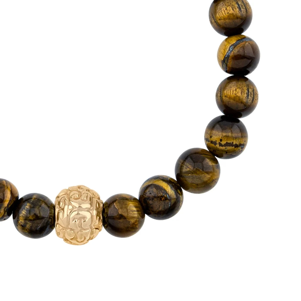 Pulsera con piedras naturales de 8mm, con cuenta central con mantras en baño de oro 22K - Joyería y bisutería fina