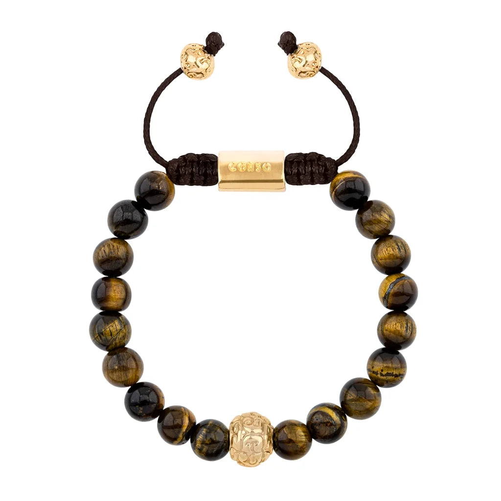 Pulsera con piedras naturales de 8mm, con cuenta central con mantras en baño de oro 22K - Joyería y bisutería fina