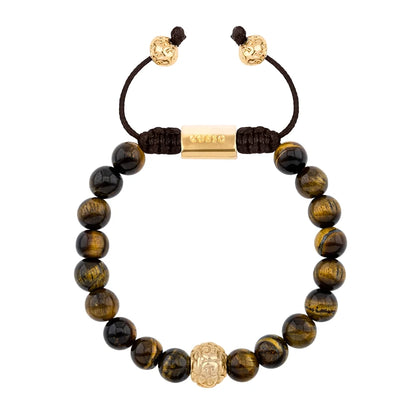 Pulsera con piedras naturales de 8mm, con cuenta central con mantras en baño de oro 22K - Joyería y bisutería fina