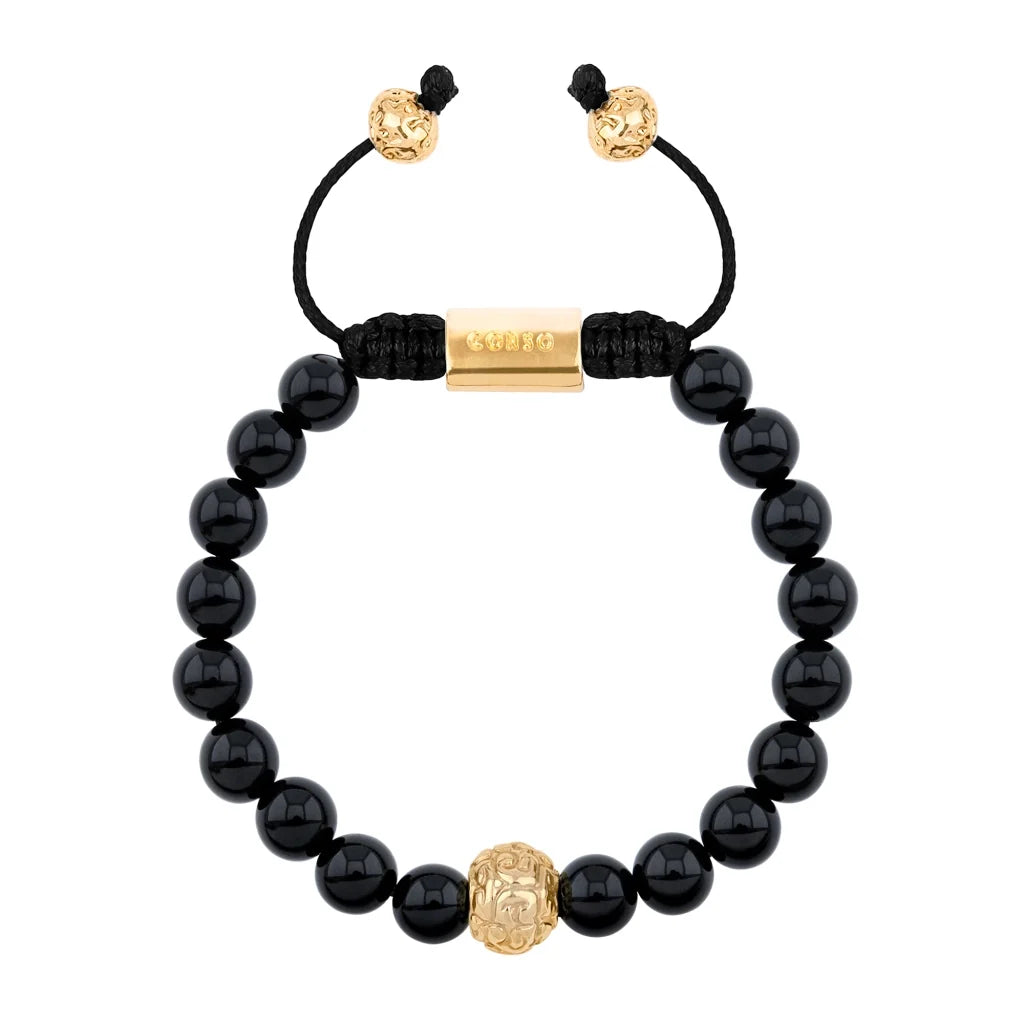 Pulsera con piedras naturales de 8mm, con cuenta central con mantras en baño de oro 22K - Joyería y bisutería fina