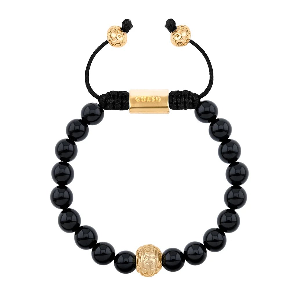Pulsera con piedras naturales de 8mm, con cuenta central con mantras en baño de oro 22K - Joyería y bisutería fina