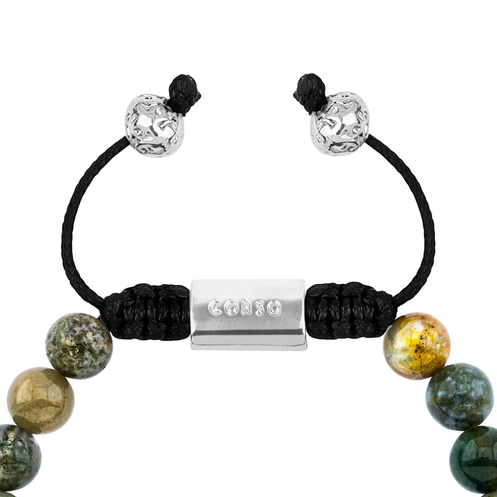 Pulsera con piedras naturales de 8mm, con cuenta central con mantras en baño de rodio - Joyería y bisutería fina