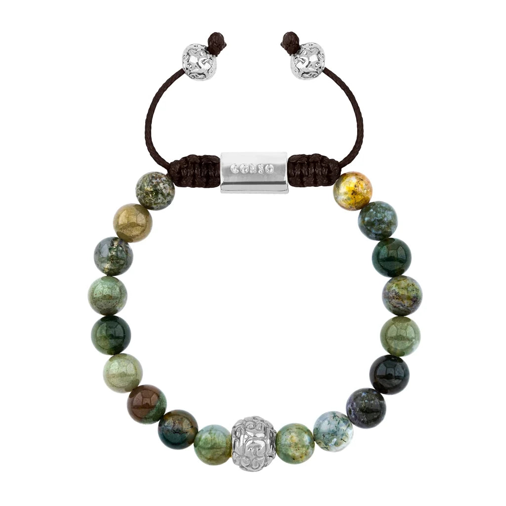 Pulsera con piedras naturales de 8mm, con cuenta central con mantras en baño de rodio - Joyería y bisutería fina
