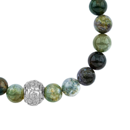 Pulsera con piedras naturales de 8mm, con cuenta central con mantras en baño de rodio - Joyería y bisutería fina