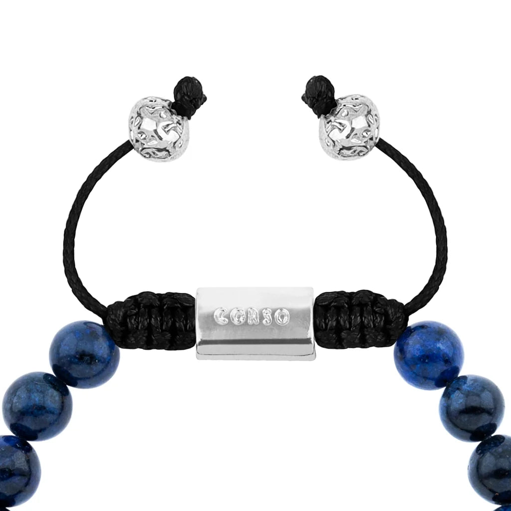 Pulsera con piedras naturales de 8mm, con cuenta central con mantras en baño de rodio - Joyería y bisutería fina