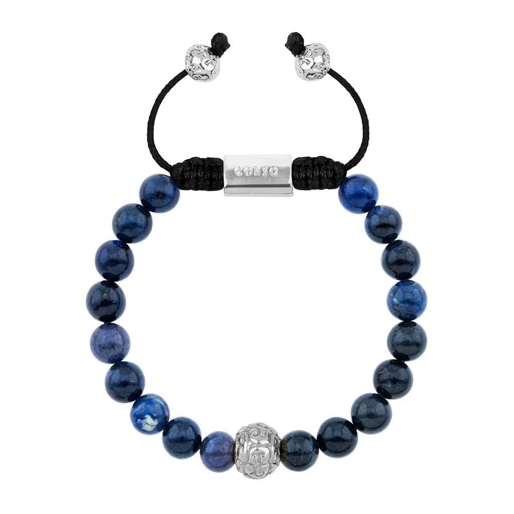 Pulsera con piedras naturales de 8mm, con cuenta central con mantras en baño de rodio - Joyería y bisutería fina