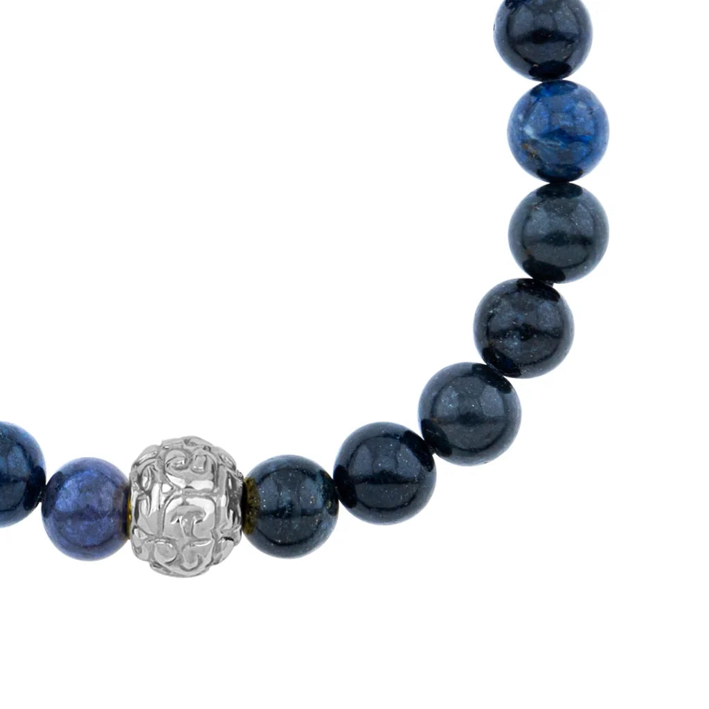 Pulsera con piedras naturales de 8mm, con cuenta central con mantras en baño de rodio - Joyería y bisutería fina