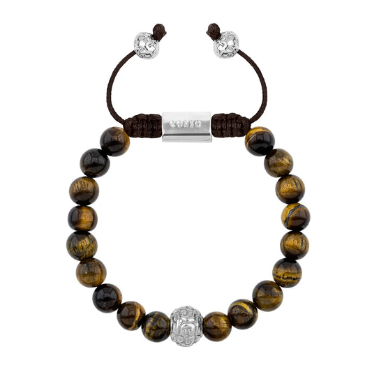 Pulsera con piedras naturales de 8mm, con cuenta central con mantras en baño de rodio - Joyería y bisutería fina