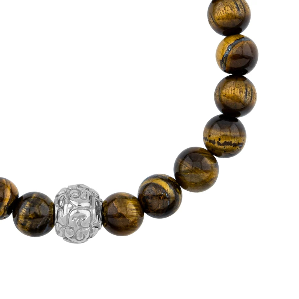 Pulsera con piedras naturales de 8mm, con cuenta central con mantras en baño de rodio - Joyería y bisutería fina