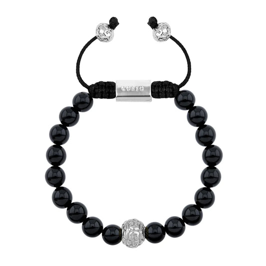 Pulsera con piedras naturales de 8mm, con cuenta central con mantras en baño de rodio - Joyería y bisutería fina