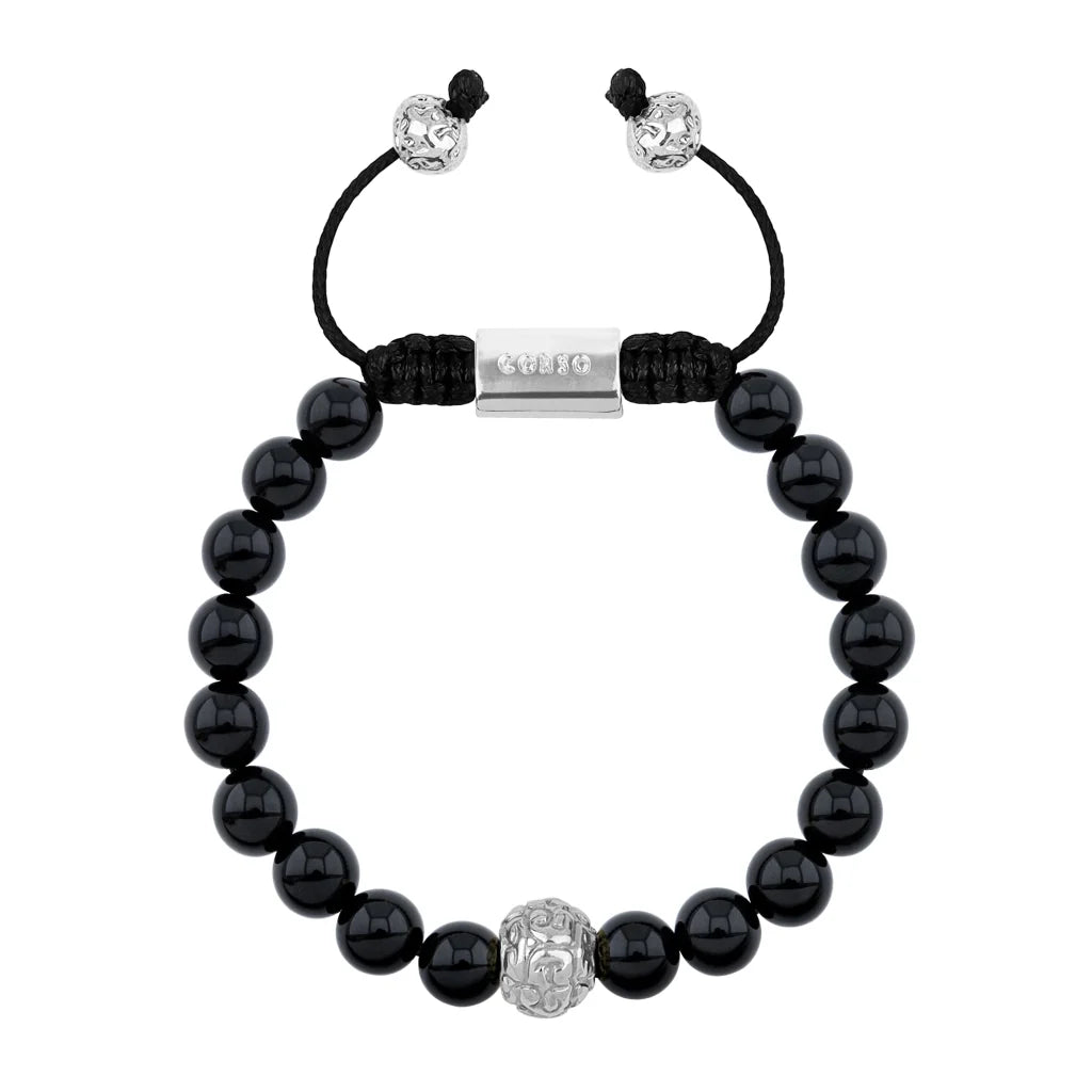 Pulsera con piedras naturales de 8mm, con cuenta central con mantras en baño de rodio - Joyería y bisutería fina