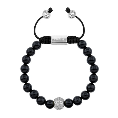 Pulsera con piedras naturales de 8mm, con cuenta central con mantras en baño de rodio - Joyería y bisutería fina