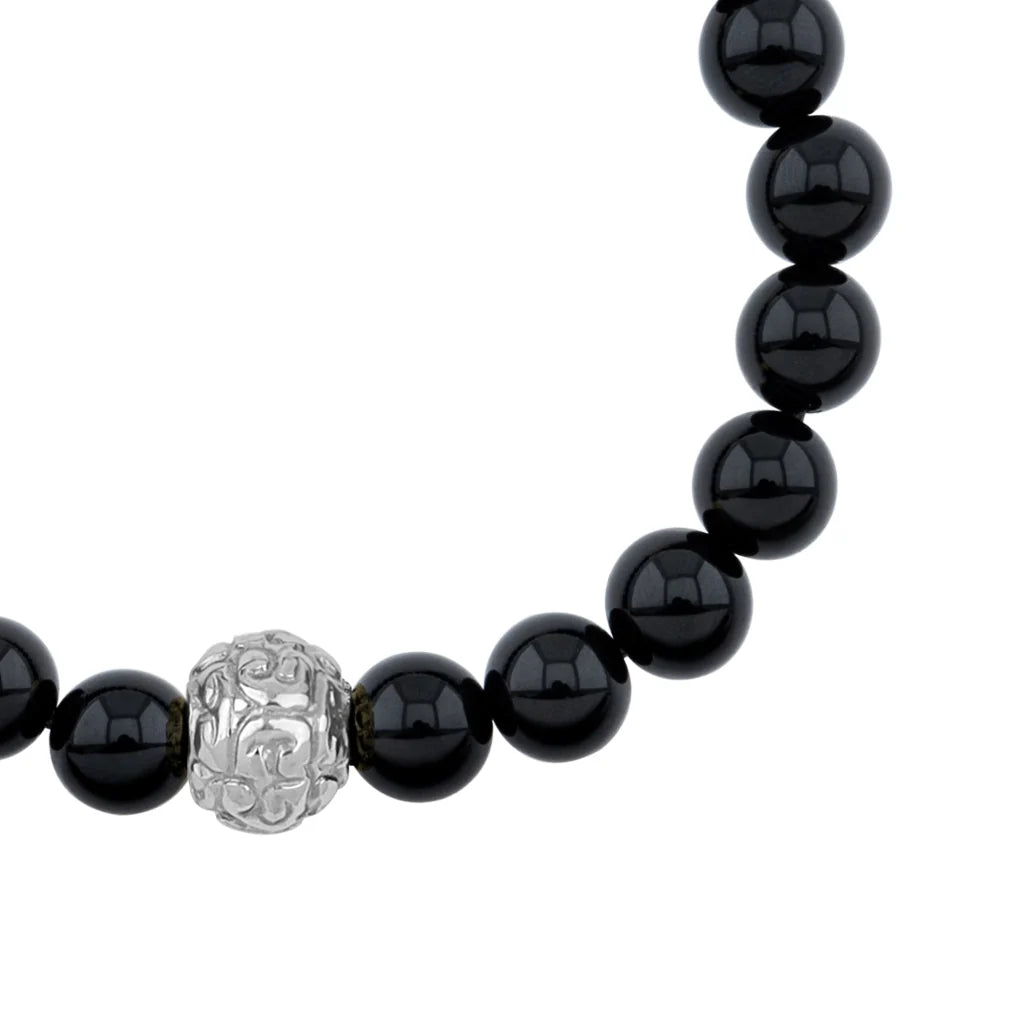 Pulsera con piedras naturales de 8mm, con cuenta central con mantras en baño de rodio - Joyería y bisutería fina