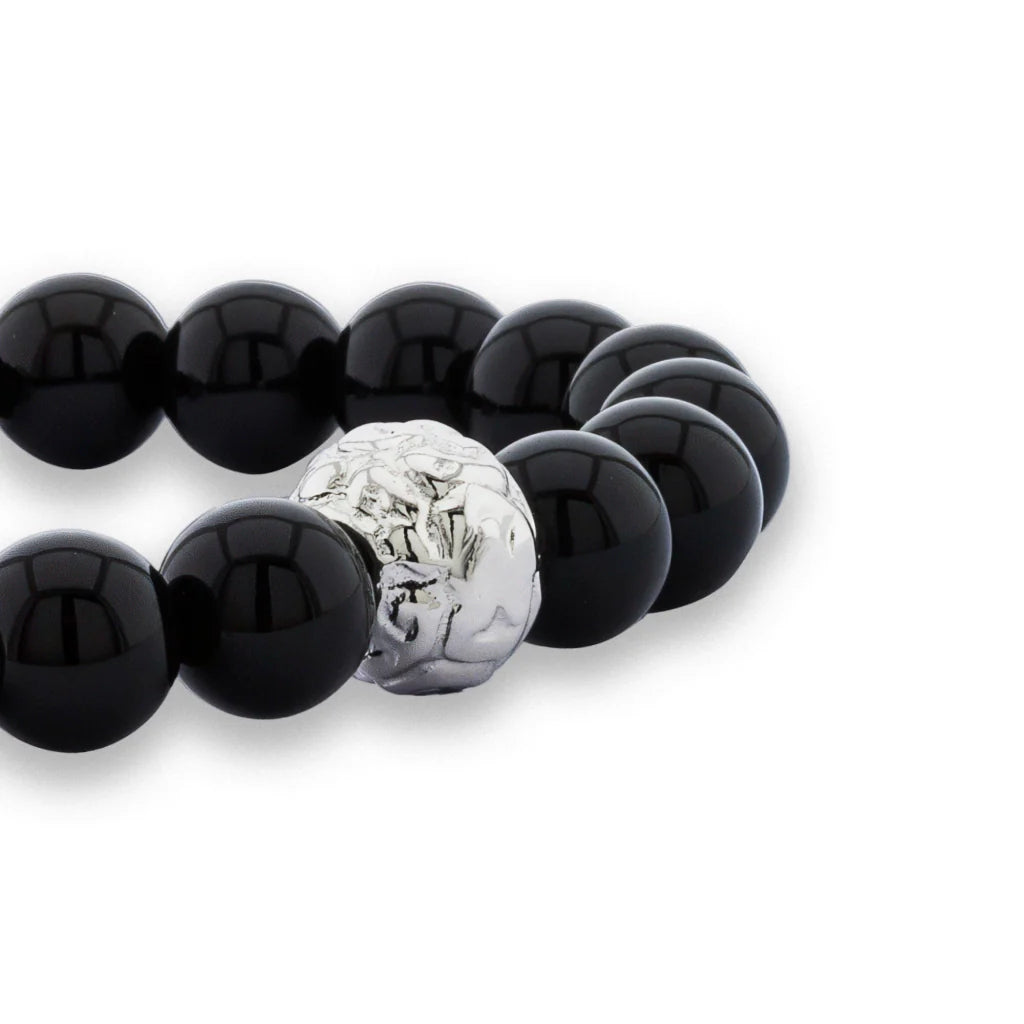 Pulsera con piedras naturales de 8mm, con cuenta central con mantras en baño de rodio - Joyería y bisutería fina