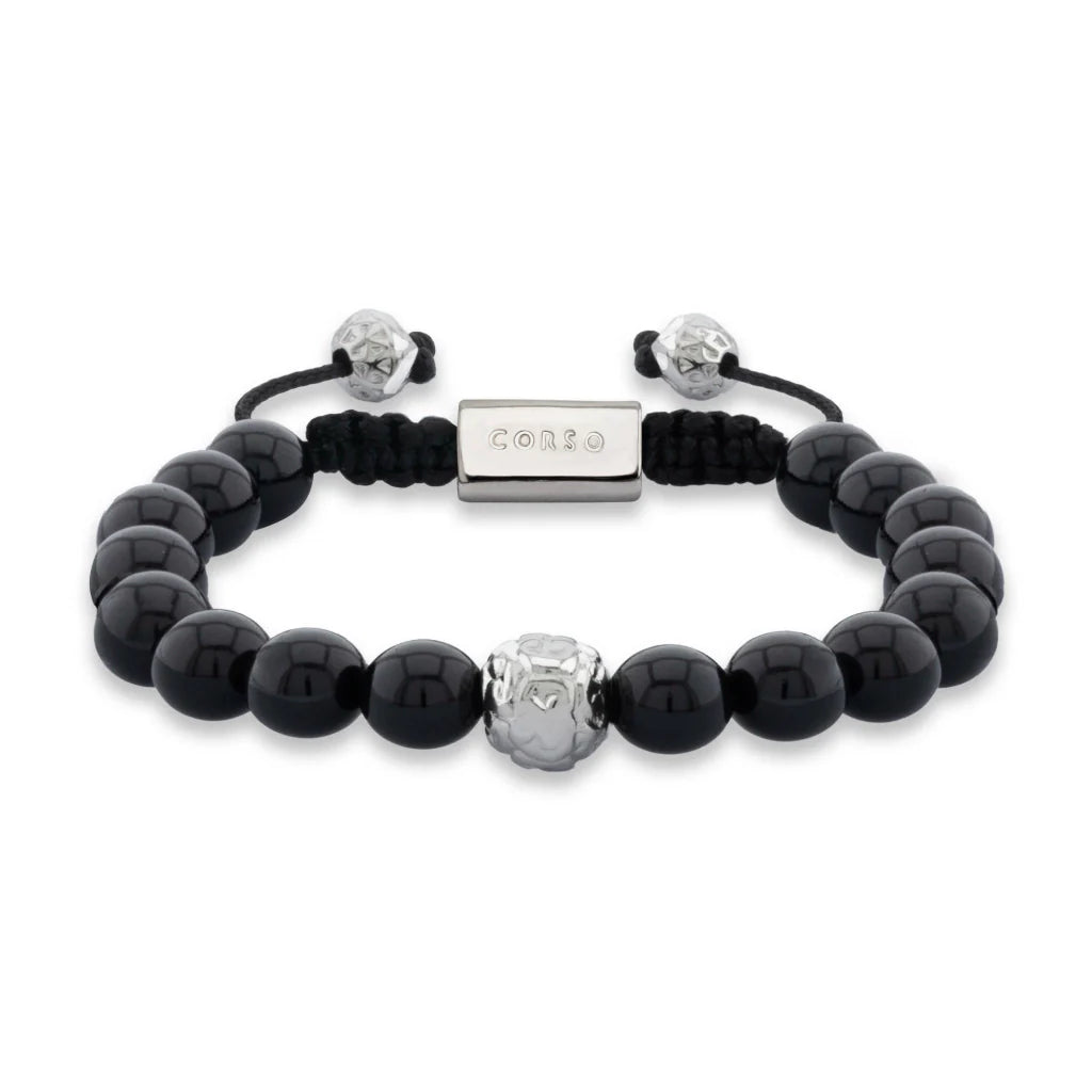 Pulsera con piedras naturales de 8mm, con cuenta central con mantras en baño de rodio - Joyería y bisutería fina