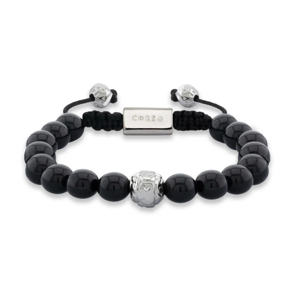 Pulsera con piedras naturales de 8mm, con cuenta central con mantras en baño de rodio - Joyería y bisutería fina