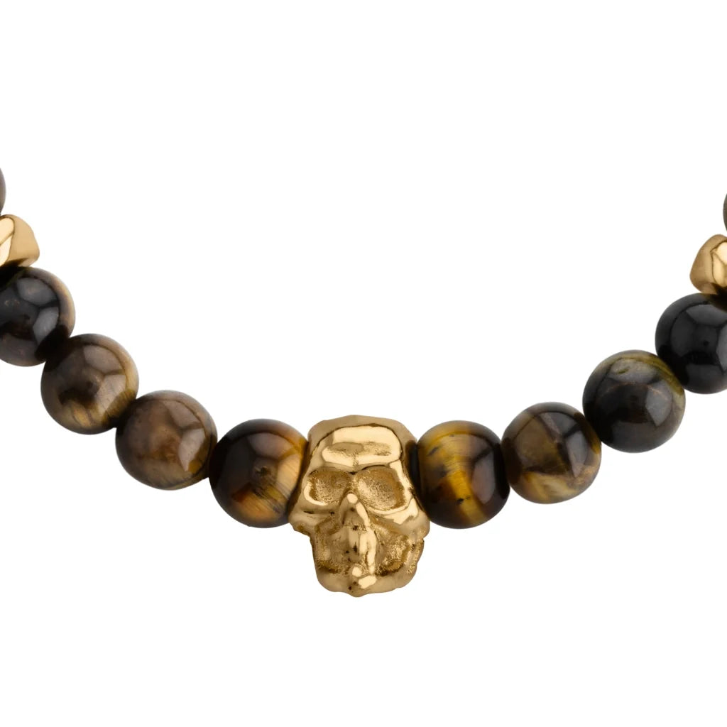 Pulsera ajustable con hilo de seda, piedras 6mm, placa insignia, semillas y calavera en baño de oro de 22K - Joyería y bisutería fina